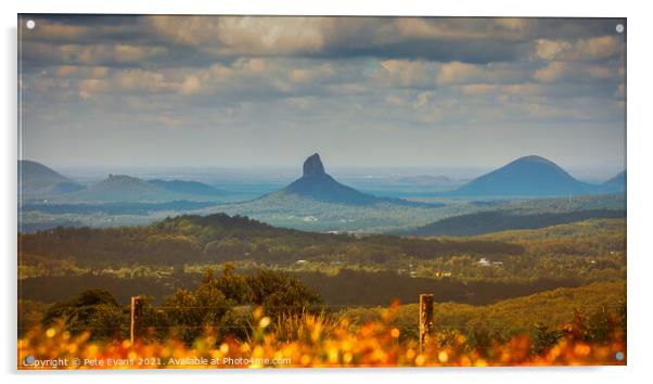The Glasshouse Mountains Acrylic by Pete Evans