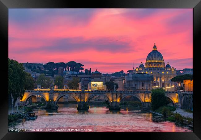 Sunset view of St. Peter's Basilica, Ponte Sant'Angelo, and Tiber River in Rome, Italy Framed Print by Chun Ju Wu