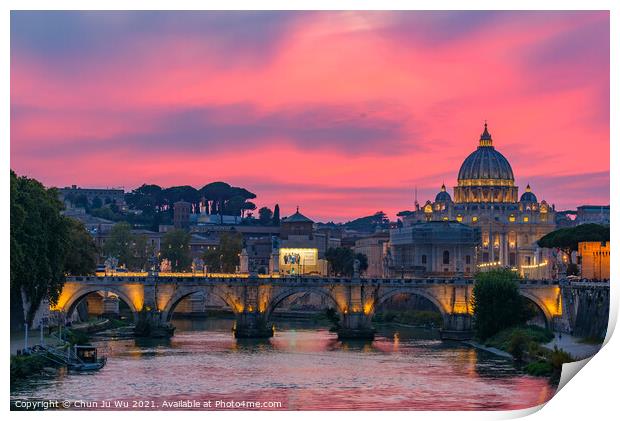 Sunset view of St. Peter's Basilica, Ponte Sant'Angelo, and Tiber River in Rome, Italy Print by Chun Ju Wu