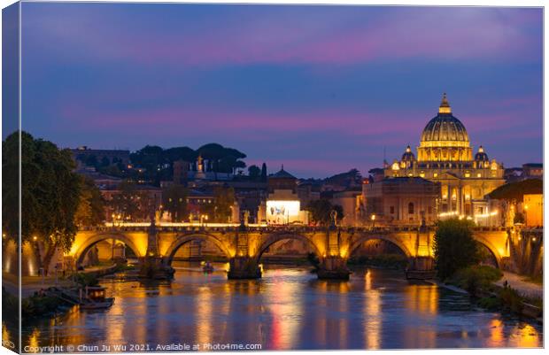 Sunset view of St. Peter's Basilica, Ponte Sant'Angelo, and Tiber River in Rome, Italy Canvas Print by Chun Ju Wu