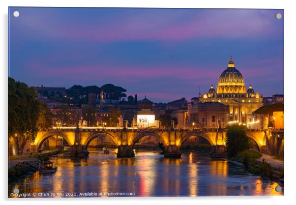 Sunset view of St. Peter's Basilica, Ponte Sant'Angelo, and Tiber River in Rome, Italy Acrylic by Chun Ju Wu