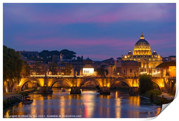 Sunset view of St. Peter's Basilica, Ponte Sant'Angelo, and Tiber River in Rome, Italy Print by Chun Ju Wu