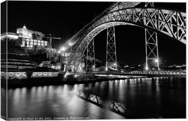 Night view of Dom Luis I Bridge, a double-deck bridge across the River Douro in Porto, Portugal (black & white) Canvas Print by Chun Ju Wu