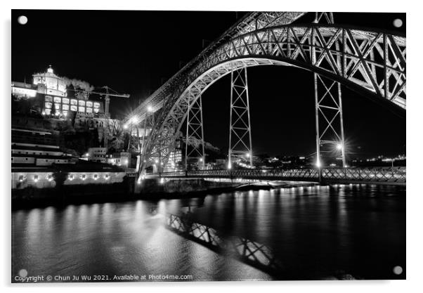 Night view of Dom Luis I Bridge, a double-deck bridge across the River Douro in Porto, Portugal (black & white) Acrylic by Chun Ju Wu