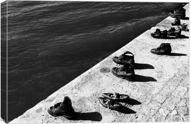 Shoes on the Danube Bank, a memorial for the Jews killed during World War II in Budapest, Hungary (black & white) Canvas Print by Chun Ju Wu