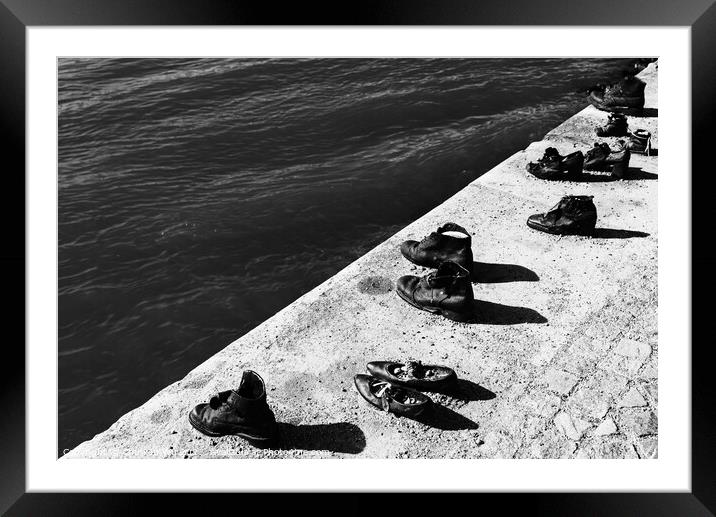Shoes on the Danube Bank, a memorial for the Jews killed during World War II in Budapest, Hungary (black & white) Framed Mounted Print by Chun Ju Wu