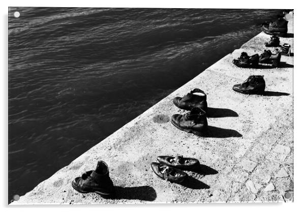Shoes on the Danube Bank, a memorial for the Jews killed during World War II in Budapest, Hungary (black & white) Acrylic by Chun Ju Wu