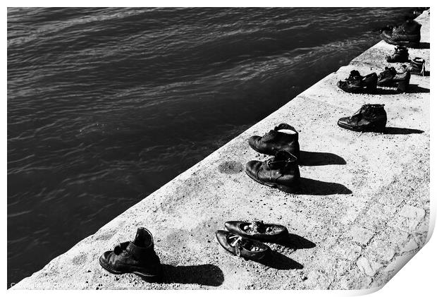 Shoes on the Danube Bank, a memorial for the Jews killed during World War II in Budapest, Hungary (black & white) Print by Chun Ju Wu