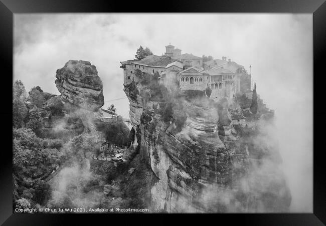 Monastery of Varlaam in the fog, the second largest Eastern Orthodox monastery in Meteora, Greece (black & white) Framed Print by Chun Ju Wu