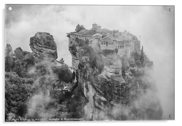 Monastery of Varlaam in the fog, the second largest Eastern Orthodox monastery in Meteora, Greece (black & white) Acrylic by Chun Ju Wu