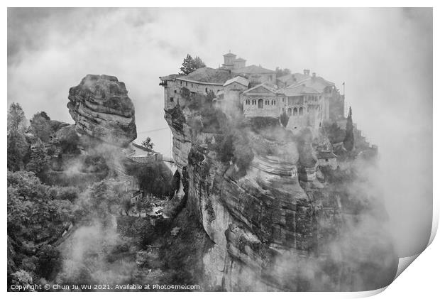 Monastery of Varlaam in the fog, the second largest Eastern Orthodox monastery in Meteora, Greece (black & white) Print by Chun Ju Wu