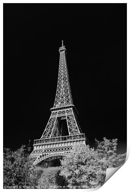 Eiffel Tower with sunny blue sky in Paris, France (black & white) Print by Chun Ju Wu