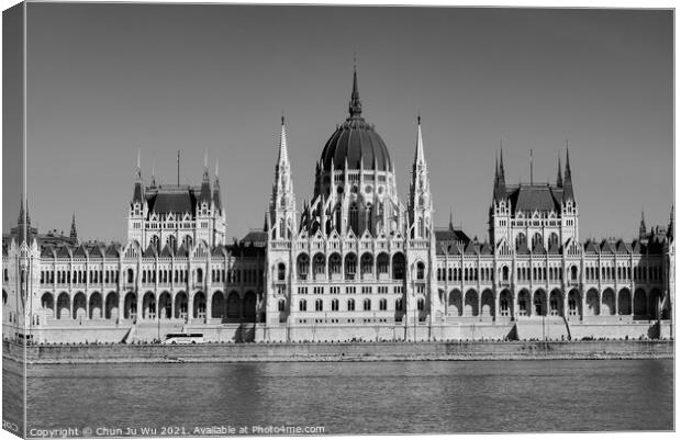 Hungarian Parliament Building on the banks of the Danube, Budape (black & white) Canvas Print by Chun Ju Wu