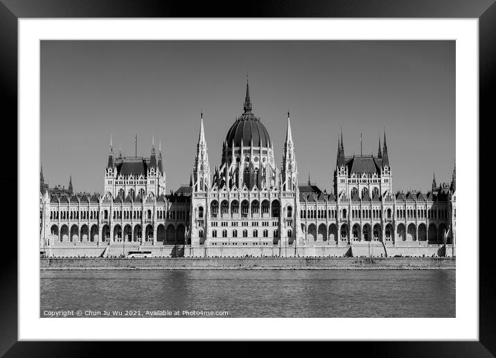 Hungarian Parliament Building on the banks of the Danube, Budape (black & white) Framed Mounted Print by Chun Ju Wu