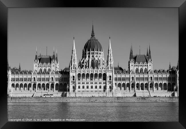 Hungarian Parliament Building on the banks of the Danube, Budape (black & white) Framed Print by Chun Ju Wu