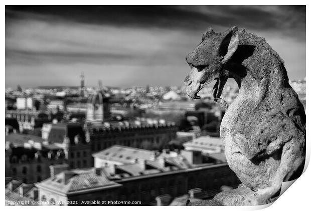 The Gargoyles of Notre Dame Cathedral overlooking Paris, France (black & white) Print by Chun Ju Wu
