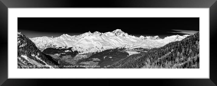Panorama of Mont Blanc in Savoie, France (black & white) Framed Mounted Print by Chun Ju Wu