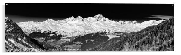 Panorama of Mont Blanc in Savoie, France (black & white) Acrylic by Chun Ju Wu