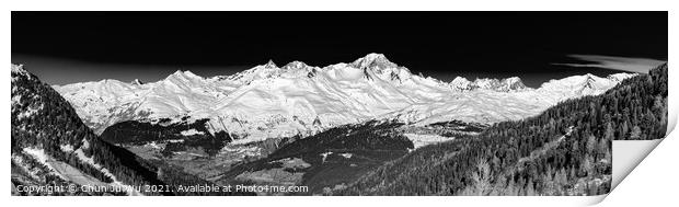 Panorama of Mont Blanc in Savoie, France (black & white) Print by Chun Ju Wu