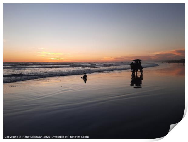 Silhouetted horse-drawn carriage beach sunset 6 Print by Hanif Setiawan