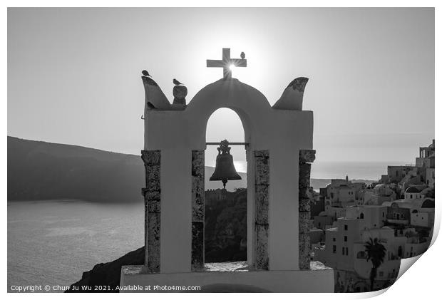 Bell tower with warm sunset light in Oia, Santorini, Greece (black & white) Print by Chun Ju Wu