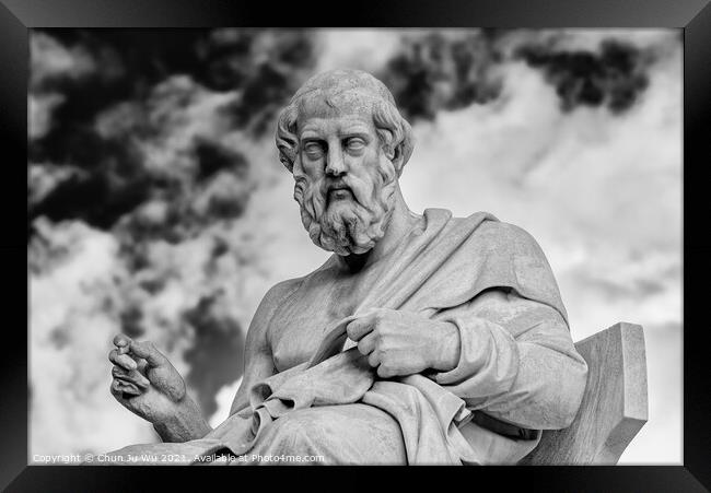 Statue of Plato in front of Academy of Athens in Athens, Greece (black & white) Framed Print by Chun Ju Wu