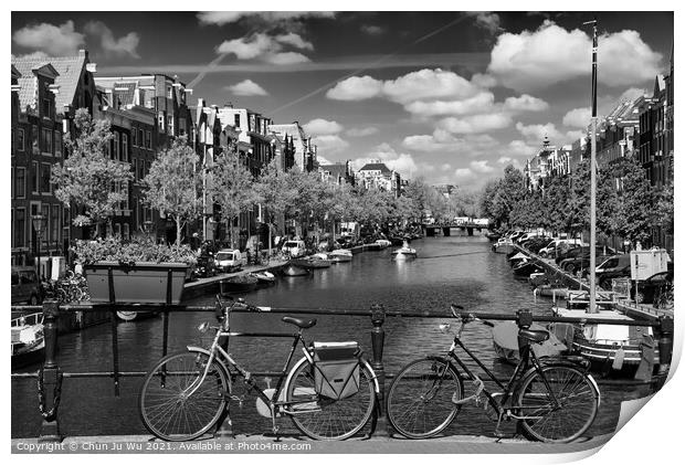 Bikes on the bridge that crosses the canal in Amsterdam (black & white) Print by Chun Ju Wu
