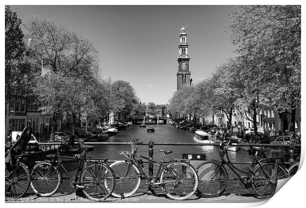 Bikes on the bridge that crosses the canal in Amsterdam, Netherlands (black & white) Print by Chun Ju Wu