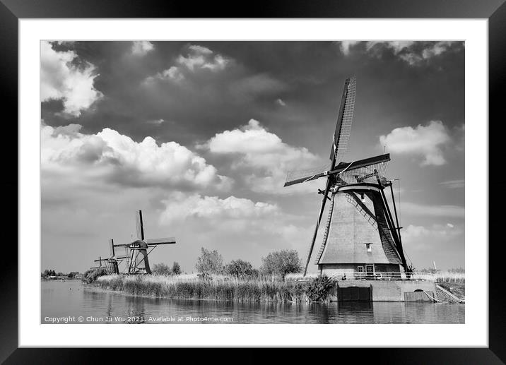 The windmills in Kinderdijk, a UNESCO World Heritage site in Rotterdam, Netherlands (black & white) Framed Mounted Print by Chun Ju Wu
