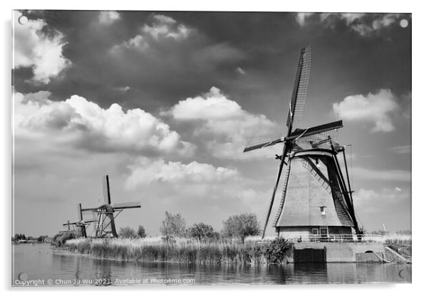The windmills in Kinderdijk, a UNESCO World Heritage site in Rotterdam, Netherlands (black & white) Acrylic by Chun Ju Wu