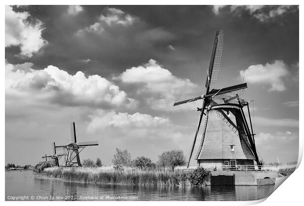 The windmills in Kinderdijk, a UNESCO World Heritage site in Rotterdam, Netherlands (black & white) Print by Chun Ju Wu