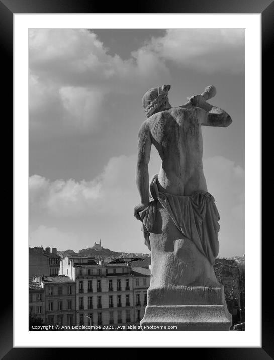 Flute player looking over Marseille in black and w Framed Mounted Print by Ann Biddlecombe
