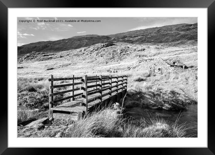 Monochrome Footbridge in Snowdonia Wales Framed Mounted Print by Pearl Bucknall
