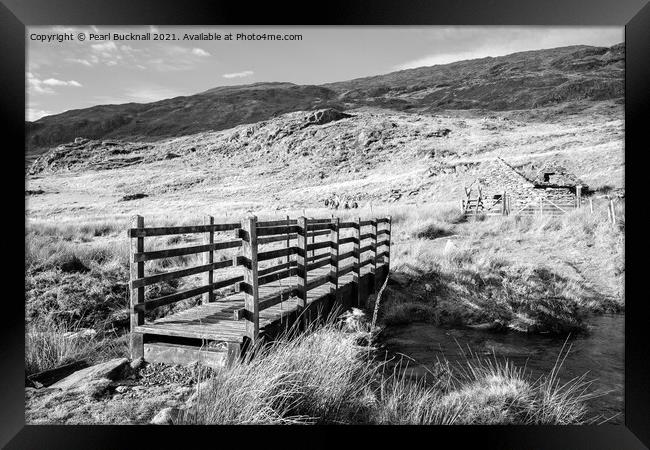 Monochrome Footbridge in Snowdonia Wales Framed Print by Pearl Bucknall