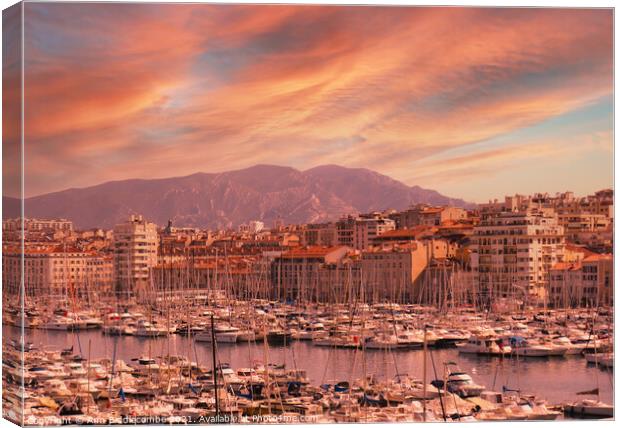 Red sky in Marseille harbor cityscape Canvas Print by Ann Biddlecombe