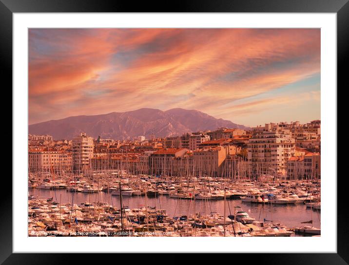Red sky in Marseille harbor cityscape Framed Mounted Print by Ann Biddlecombe