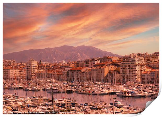 Red sky in Marseille harbor cityscape Print by Ann Biddlecombe