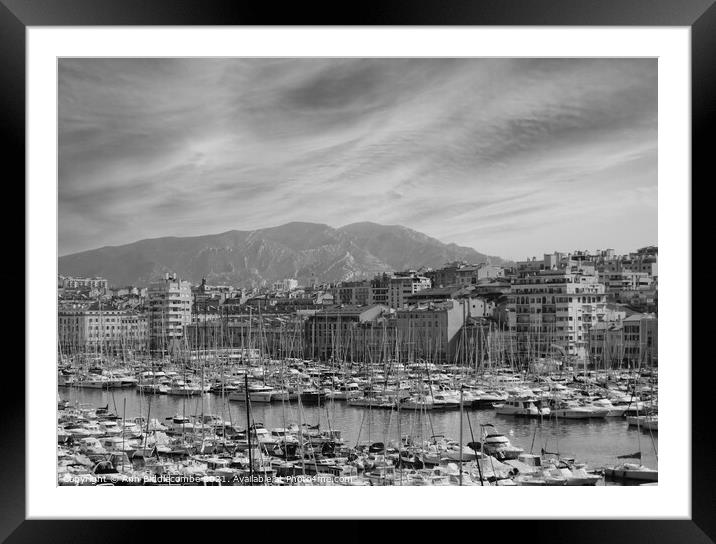 Red sky in Marseille harbor in monochrome Framed Mounted Print by Ann Biddlecombe