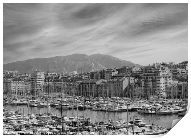 Red sky in Marseille harbor in monochrome Print by Ann Biddlecombe