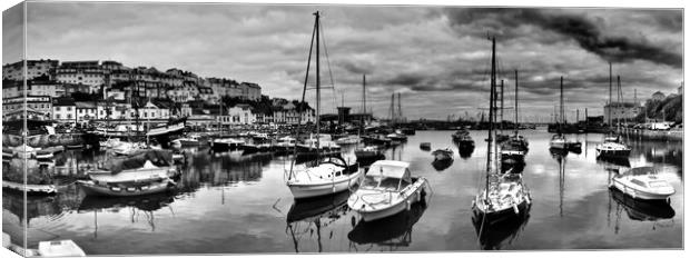 Brixham Harbour Boats panorama black and white. Canvas Print by mark humpage