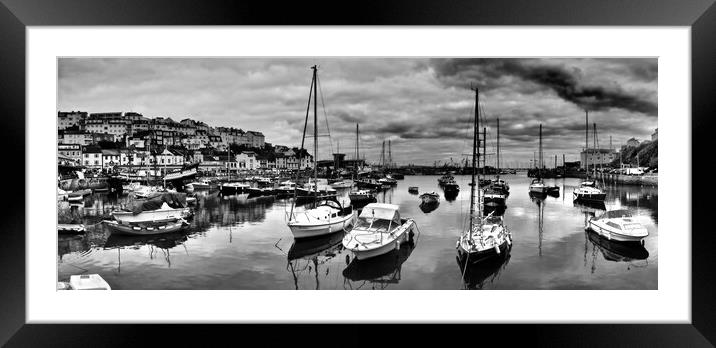 Brixham Harbour Boats panorama black and white. Framed Mounted Print by mark humpage
