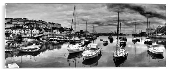 Brixham Harbour Boats panorama black and white. Acrylic by mark humpage