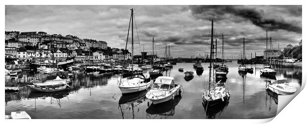 Brixham Harbour Boats panorama black and white. Print by mark humpage