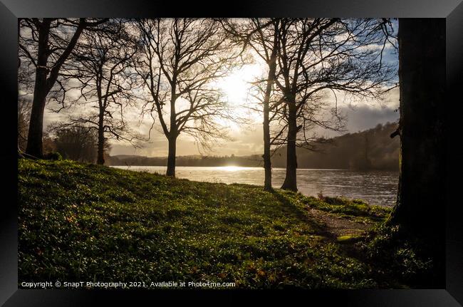 Winter sun breaking through the trees on Loch Ken, a Scottish Loch in Galloway Framed Print by SnapT Photography
