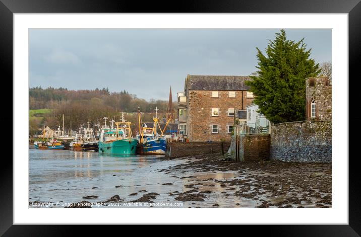 Fishing trawlers moored at Kirkcudbright harbour at lowtide in the winter, Framed Mounted Print by SnapT Photography