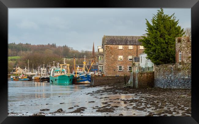 Fishing trawlers moored at Kirkcudbright harbour at lowtide in the winter, Framed Print by SnapT Photography