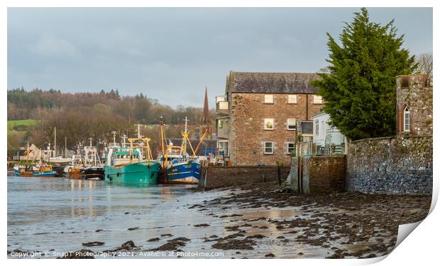 Fishing trawlers moored at Kirkcudbright harbour at lowtide in the winter, Print by SnapT Photography