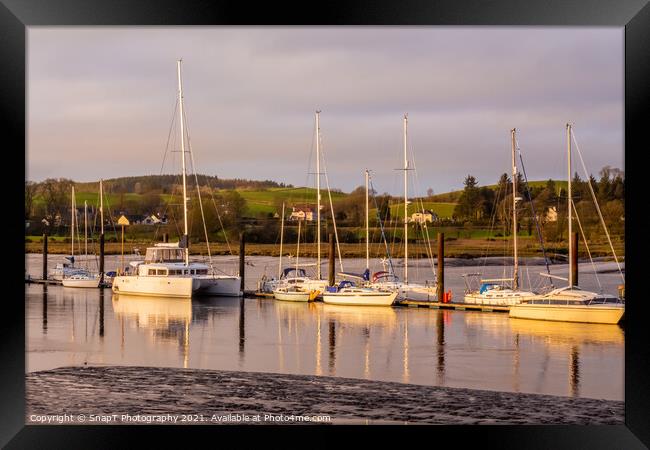 Yachts and boats moored at Kirkcudbright Marina, reflecting on the water Framed Print by SnapT Photography