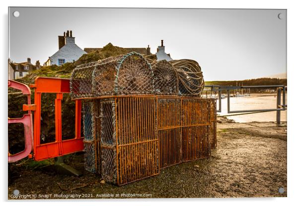 Lobster and prawn fishing pots and creels stacked up at Kirkcudbright Harbour Acrylic by SnapT Photography