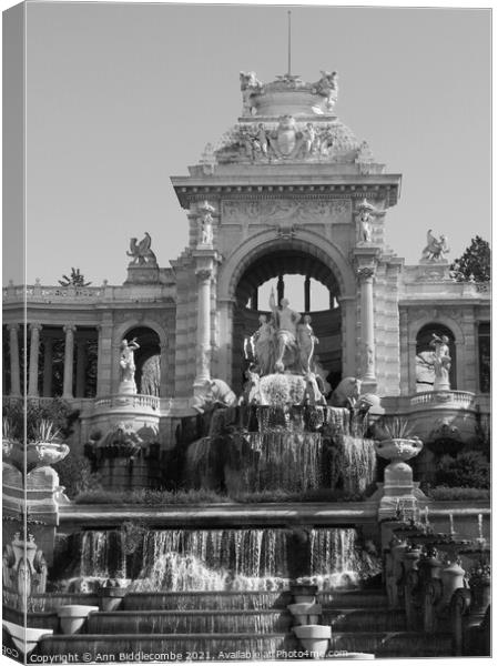 Waterfall at Palais Longchamp from the front in bl Canvas Print by Ann Biddlecombe